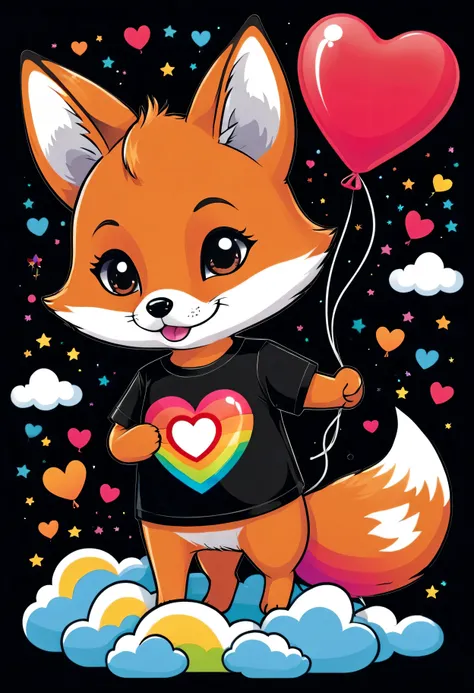 A black t-shirt with a kawaii fox holding a heart-shaped balloon. The text reads: "IT'S MY 7TH BIRTHDAY", with clouds and rainbows around it.