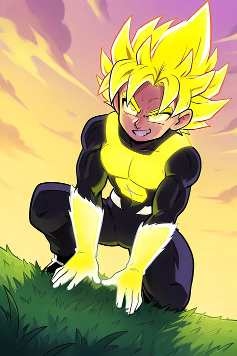 anime male wolf with pale yellow super saiyan glowing fur in a superhero outfit, in a grasslands, yellow sky, yellow glowing neon fire powers, professionally drawn, danny phantom cartoon