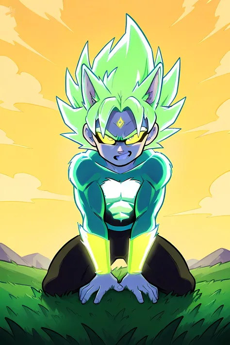 anime male wolf with pale yellow super saiyan glowing fur in a superhero outfit, in a grasslands, yellow sky, yellow glowing neon fire powers, professionally drawn, danny phantom cartoon