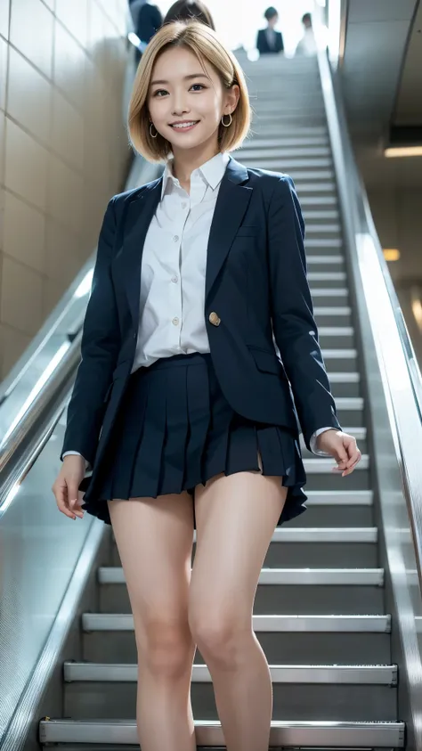  top quality,masterpiece, Ultra High Resolution, high-definition RAW color photo, professional photography, natural skin texture , fine skin, hyperrealism, smiles,(Blonde shortcut hair ,Blonde gal,Earrings),(( high school girl uniform , white cutter shirt,...