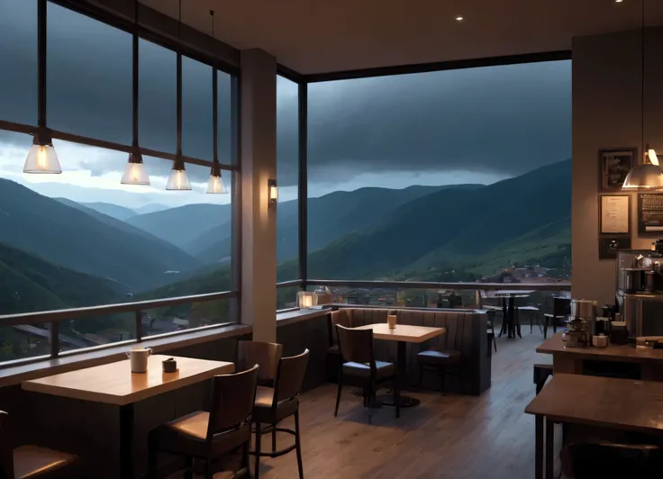 overcast, night time, coffee shop interior, overlooking mountains 