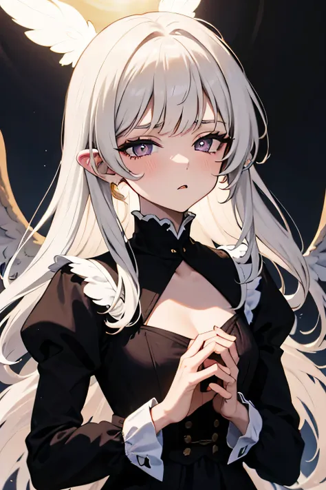 a female angel with long white hair and purple eyes. a long black and gold dress, like in the Victorian era. Her expression is one of disgust and coldness, she is cold, as if she no longer has any perspective on life. long white wings on her back. small fe...