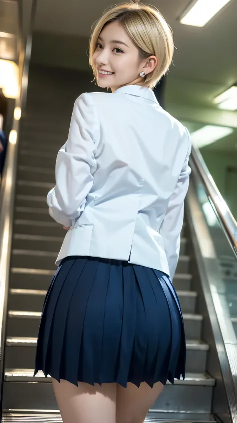  top quality,masterpiece, Ultra High Resolution, high-definition RAW color photo, professional photography, natural skin texture , fine skin, hyperrealism, smiles,(Blonde shortcut hair ,Blonde gal,Earrings),Gigantic ass,(( high school girl uniform , white ...