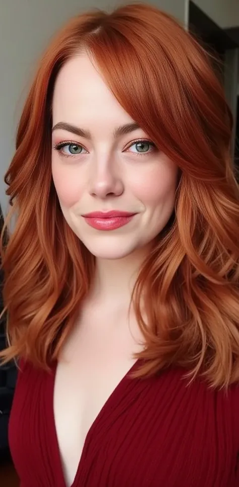 emma stone:

by:
- Color:  Intense red with warm reflections  (#FFC080)
- Texture: wavy,  silky and slightly curly
- Length :  to the shoulders,  with some longer wicks that fall on the forehead
- Style: suave, 

Eyes :
- Color: Light green with a touch of...