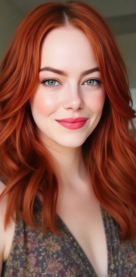 emma stone:

by:
- Color:  Intense red with warm reflections  (#FFC080)
- Texture: wavy,  silky and slightly curly
- Length :  to the shoulders,  with some longer wicks that fall on the forehead
- Style: suave, 

Eyes :
- Color: Light green with a touch of...