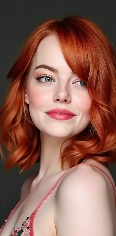 emma stone:

by:
- Color:  Intense red with warm reflections  (#FFC080)
- Texture: wavy,  silky and slightly curly
- Length :  to the shoulders,  with some longer wicks that fall on the forehead
- Style: suave, 

Eyes :
- Color: Light green with a touch of...