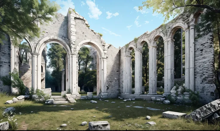 there is a stone building with arches and a stone staircase, old ruins, destroyed monastery, ruins, the ruins, ruined architecture, digital render, old mystic ruins, temple ruins, ancient overgrown ruins, byzantine ruins, ruins landscape, ancient ruins, re...