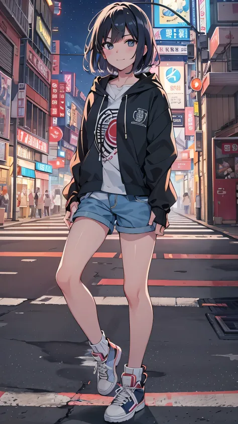  in high definition， anime screenshot , night city , moon,  1 girl in the best, alone,  short hair,  black hair, 紫色の目,  viewers,  hair between your eyes, Front  ,  cowboy shooting,  Closed Mouth,  smirking ,  Sweatshirt , Pink sweatwear , denim pants style...