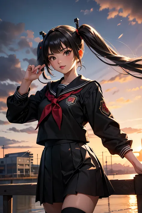  top quality, highest resolution,((( Twin Tails　red and black school uniform with metallic luster　 s　)))