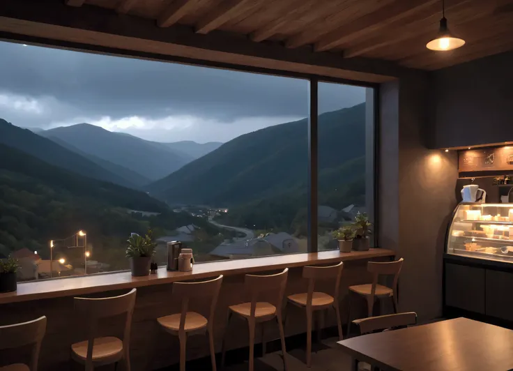 overcast, night time, coffee shop interior, overlooking mountains, window in center