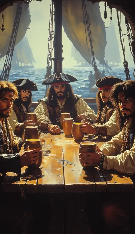 a gang of five pirates with different appearances (((different hair types and clothes each))), clothes and weapons each. Sitting at a large rustic wooden table on their ship on the high seas, they are drinking from large rustic wooden cups
