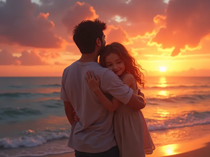 A man hugging his little sister ,  watching the sunset on the seashore.