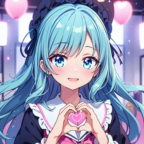 A cute anime girl with big, sparkling eyes and a cheerful smile, forming a heart shape with her hands. She has long, wavy hair in pastel colors (such as pink or blue) and is dressed in an adorable Japanese school uniform or sweet lolita style. The backgrou...