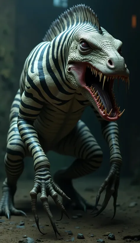 create a disgusting, scary, dangerous hybrid fusion animal of a zebra and a lizard, high quality definition, 8k quality, realistic