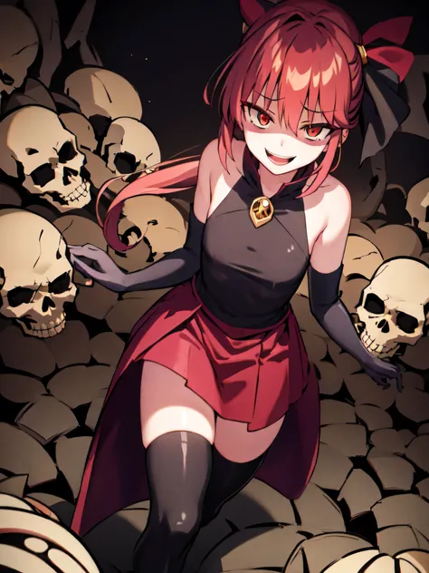 best quality , Masterpiece, One Girl,Not beautiful, red horsetail, long dress , Blog, hair ribbon, black knee-high socks, standing on rubble , , ,,Dark Shadow Face , Sadistic Laugh ,,malice,Contempt,smile,,Bad face,, red skirt looking at guys,bo...