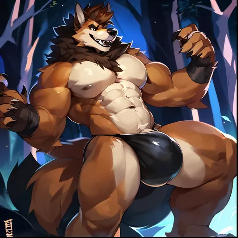 Solo, anthro, male (((canine, wolf, black sclera, white eyes, black pupils, broad shoulders, muscular, huge pecs, abs, brown body, brown fur, brown hair, mane, neck tuft, black ears, black lips, black hands, black tail, bushy tail, fingers, long snout, bla...