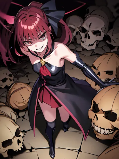 best quality , Masterpiece, One Girl,Not beautiful, red horsetail, long dress , Blog, hair ribbon, black knee-high socks, standing on rubble , , ,,Dark Shadow Face , Sadistic Laugh ,,malice,Contempt,smile,,Bad face,, red skirt looking at guys,bo...