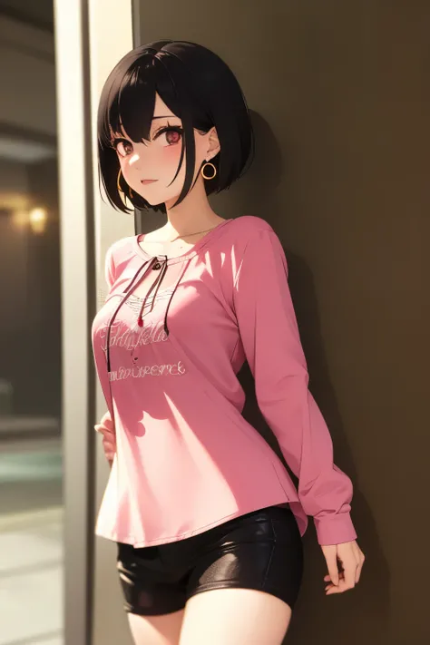 Yandere girl, very short hair, casual pink clothes, gold earrings, mad