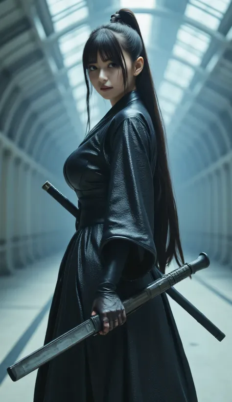 (((The dark interior of the Nostromo ship :2.0))),((( HR Gigger Style Cyberpunk Atmosphere :2.0))),(((Hold a cyberpunk-style matchlock:2.0))),Side view from the back ,Side pose,(( Look Back and Look at the Camera:2.0)),(( Looking Over My Shoulder :2.0)),Re...