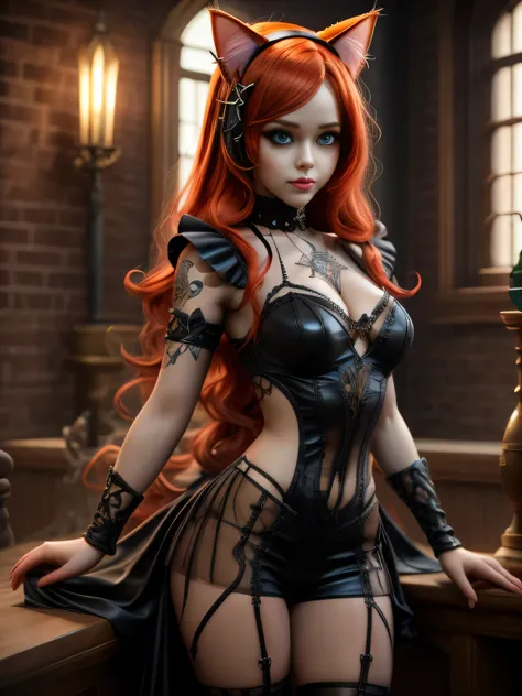 there is a doll with red hair and a cat ears, full body of a goth catgirl, dollpunk, artdoll, [ trending on cgsociety ]!!, beautiful young catgirl, wlop loish and clamp style, cgsociety ), cgsociety - w 1 0 2 4 - n 8 - i, cgsociety 9, bjd, cgsociety