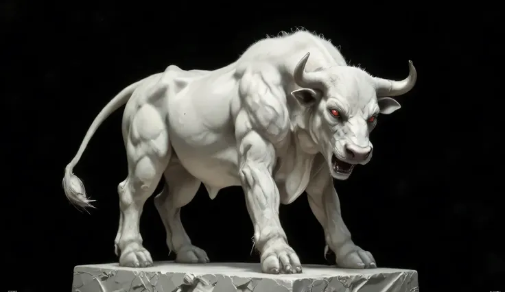 a realistic white marble statue of a furious bull with silver horns and ruby eyes, with a black background and eyes that shine as if they have their own light, is on the way!