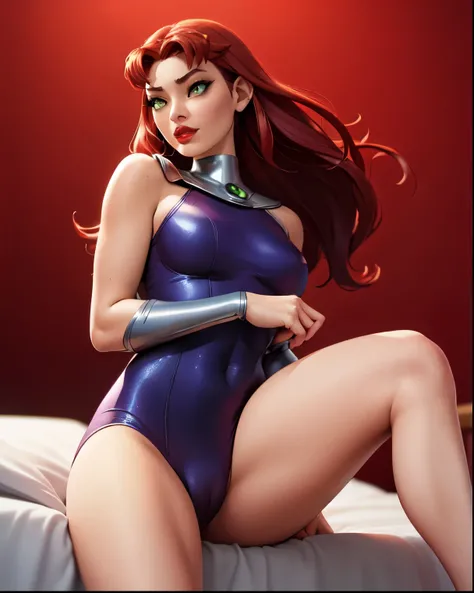 Starfire (from DC comics) sitting on a whie bed (view from below), beautiful sexy and athletic body, beautiful seductive look, red hair, red lips, red room background, best ilumination, Animation, intrincate, perfect, focused, realistic, photorealistic, Ul...