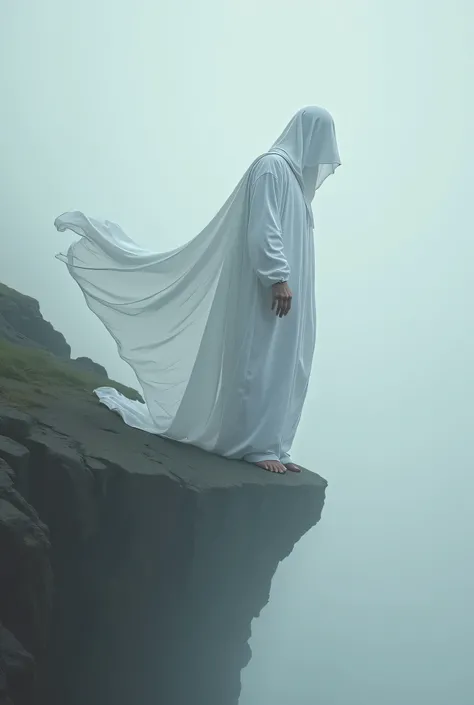 extreme long shot angle of a side view of a human at the edge of a cliff, with a sense that is about take the next step to fall into the abyss, this person is dressed in white clothes all covered with a white silk veil inlcuiding his face , this veil and i...