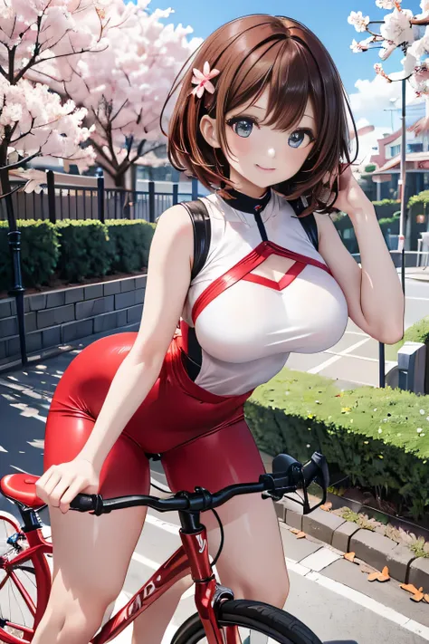 ((( going down the hill on a red bicycle :1.3))),anime , movie,sunlight, elegant girl  , big ass、 cheerful smile ,( black white red tight cycling jersey,), big breasts,(  shiny short reddish brown hair ,)Cherry blossoms with scattered petals , Detailed Hai...