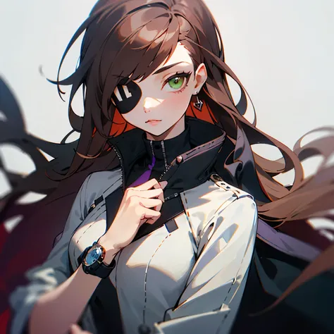 ((best quality)), ((masterpiece)), (detailed), 1girl, wristwatch, purple open jacket, white undershirt, ((Persona Style)), long brown hair, white eye-patch on right eye, green eyes