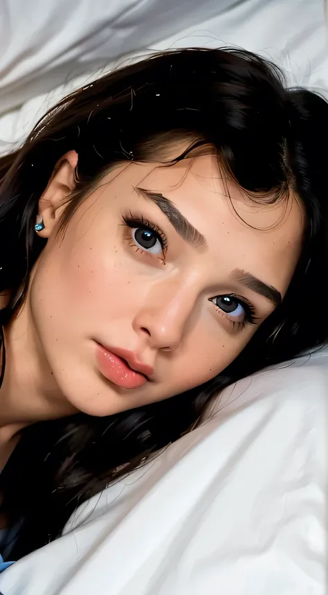 (best quality, masterpiece:1.2) 2girls woman in her 40 years, (realistic:1.5), wonder woman as gal gadot, (curious expression:1.2), red lips, blue eyes, black long hair, white bedsheet, blue pillow, nude, (parted lips:1.2), frown uneasy expression