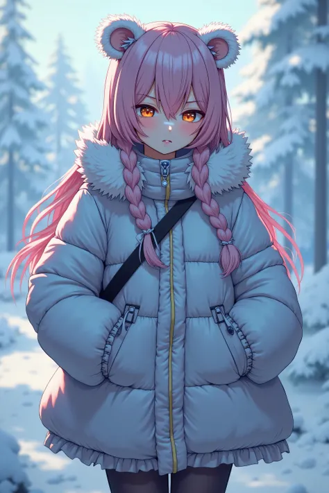 ((RAW Photo), absurd, (absurdresolution)), masterpiece, best quality, (Extremely detailed 8k unity CG wallpaper), (best illustration), (best shadow), anime, 1girl, mature, cyberpunk fashion, hair style Braid rainbow color, polar chase, bear ears , snow