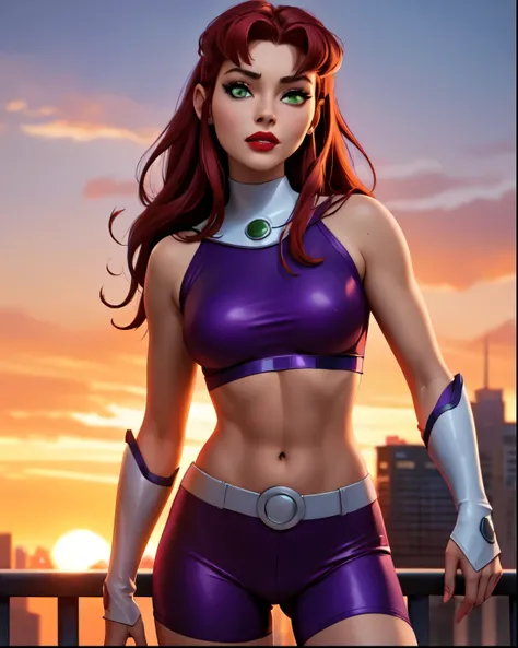 Starfire (from DC comics) standing on a balcony, beautiful sexy and athletic body, beautiful seductive look, red hair, red lips, city and sunset background, best ilumination, Animation, intrincate, perfect, focused, realistic, photorealistic, Ultra HD.