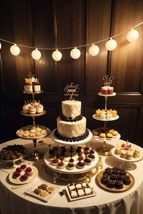 "A party table decorated with a variety of sweets and desserts. The table is covered with an elegant cloth and full of details. There are colorful cakes, cupcakes with creamy frosting and decorations, brigadeiros and beijinhos, as well as fruit pies and mo...