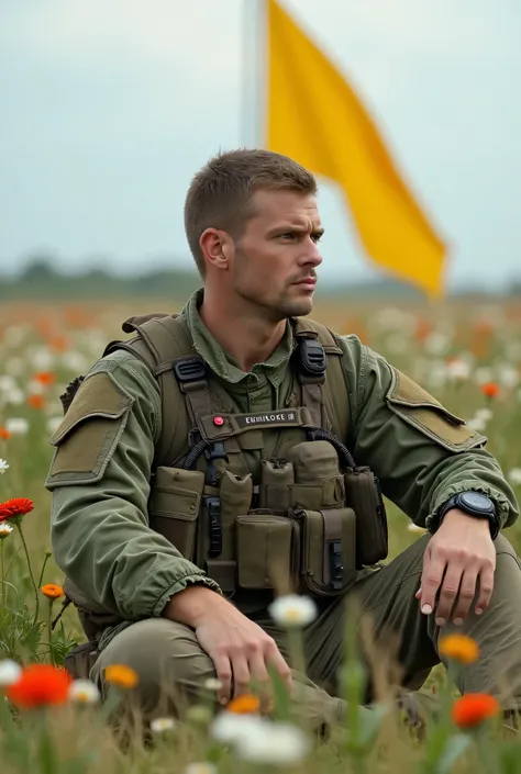 A man wearing combat clothes with no slogans on it, with all his equipment, without a helmet, sits in a field with white and red flowers around it, looks forward, and behind him there is a yellow flag flying