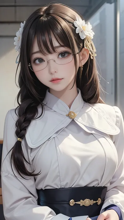 (最高qualityのディテール)、 is present、 8K ultra HD 、 high resolution、(Glasses、 braids、Big Breasts、 one girl:1.2)、The 超  Detailsな、高qualityのテクスチャ、複雑な Details、  Details、非常に  DetailsなCG、高qualityの影、  Details 美しく繊細な顔、  Details 美しく繊細な目、 Depth of Written Boundary、 ray tra...