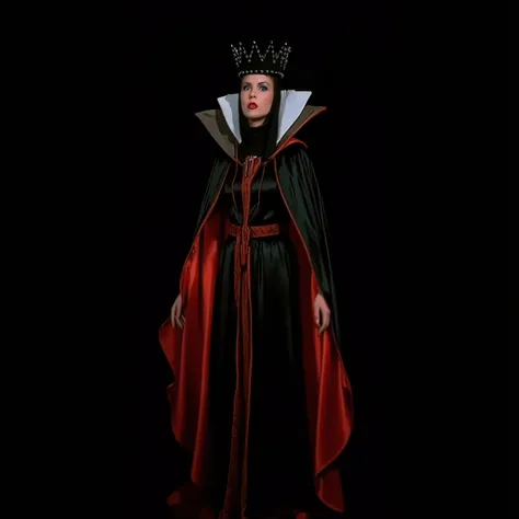 Full length View of a cinematic film still of Evil Queen a Long shot of a surprised woman in a black costume, Long Black Satin Cape with red satin Lining and a black crown with wide staring eyes and a shock expression on her face in 1500s 15th century, 1gi...