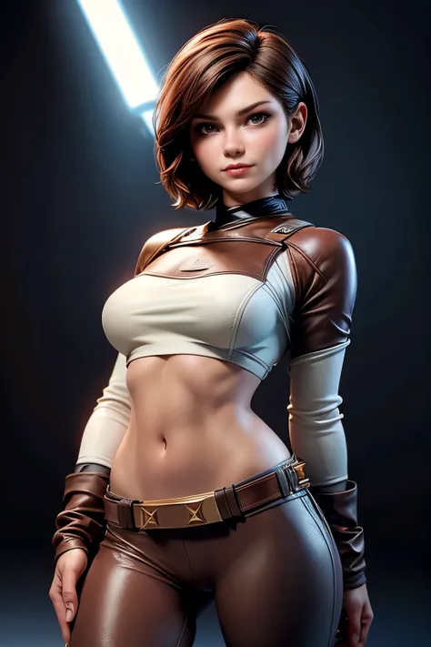 Star Wars , short hair , brown eyes, confident, decided, firm stance, expression of happiness , female smuggler wears tight brown leather leggings with belt, top quality, masterpiece , super detail, lyrics, cinematic lighting , plain white backgrou...