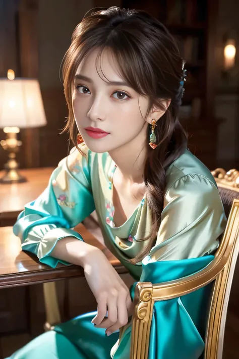 masterpiece、 best quality 、 real 、 Trendy and very detailed 、 Fine Details 、 high resolution 、 8K wallpaper 、 Two beautiful twin women 、 wear a colorful silk blouse 、 I only have 5 fingers 、 At night 、 light brown disheveled hair 、 perfect dynamic composit...