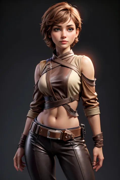 Star Wars , short hair , brown eyes, confident, decided, firm stance, expression of happiness , female smuggler wears tight brown leather leggings with belt, top quality, masterpiece , super detail, lyrics, cinematic lighting , plain white backgrou...
