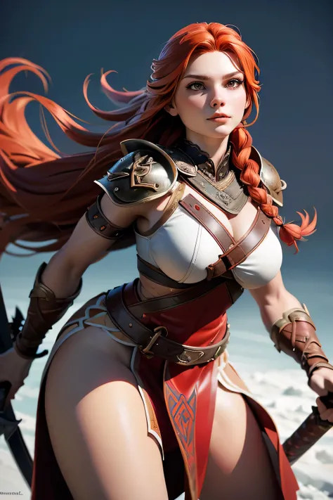 Young Viking woman , warrior, long red hair tied in a single braid , amazonian body , generous hips , curvilinear, armed with sword , woman wears leather armor with leather linings and Celtic and Nordic knots, fur skirt, top quality, masterpiece , s...