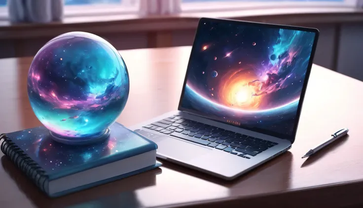   a notebook sitting on top of a desk, Popular digital fantasy art , glossy sphere , 2019 trending photo, Background galaxy ,  outside the mirror  ,  dreamy coronavirus painting , , original universe, Deformation, #  futurism, Magical colors