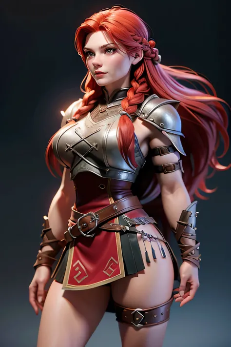 Young Viking woman , warrior, long red hair tied in a single braid , front view, amazonian body , woman wears leather armor with leather linings and Celtic and Nordic knots, fur skirt, top quality, masterpiece , super detail, lyrics, cinematographi...