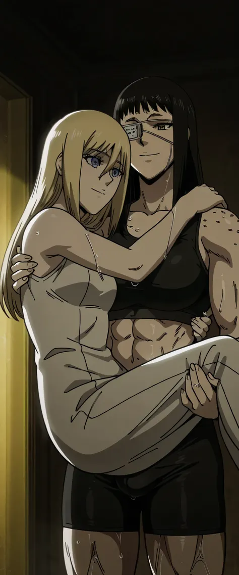 2girl,solo,mm,mature female,black hair,eyepatch, Valmet brown eyes, Valmet medium breasts,anime coloring,long hair,  Valmet muscular,Valmet wearing a black sports bra and black tight sport shorts ,cowboy shot, ,masterpiece,best quality,amazing quality, Val...