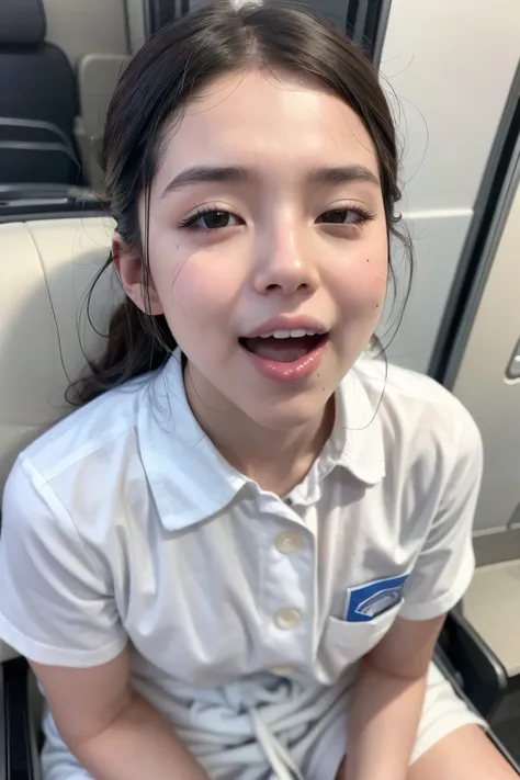  top quality, masterpiece,  Ultra High Resolution, (reality: 1.4),   original photo ,   cute Japanese girl , ,  matured, JK uniform in white , Happy smile, ,  crouching on the train seat,  Cinema Lighting, {pmbkk , }{ is present, }{ 1 girl, }{ mouth, |}{Al...