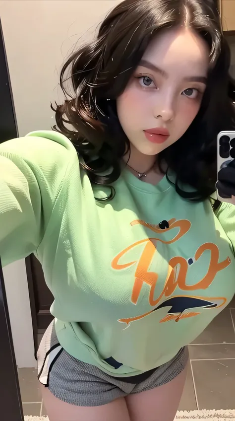 Close-up woman with hair ((curly)) In sweatshirts and shorts, Sport taking a front selfie 