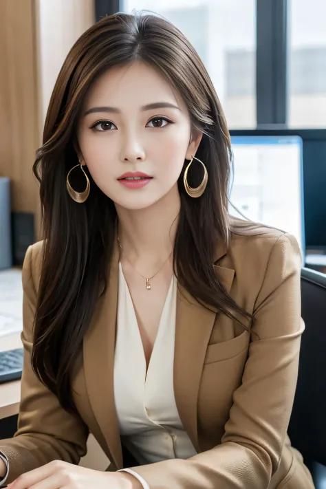 masterpiece、 best quality 、 real 、 very detailed on trends、 with finer details、High Resolution、8k wallpaper、1 beautiful woman、At the office、 Light Brown Disheveled Hair、 perfect dynamic configuration、 beautiful beautiful eyes、 Big Earrings 、 sitting on a c...