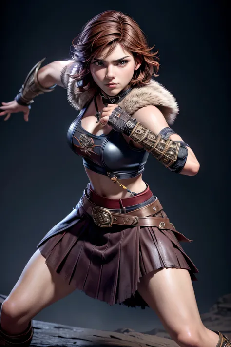 Young Viking woman , warrior, short brown hair, ojos marrones, leather armor, strappy leather top , fur skirt, fierce expression, Combat stance, masterpiece , super detail, lyrics, cinematic lighting .