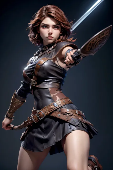 Young Viking woman , warrior, short brown hair, ojos marrones, leather armor, strappy leather top , fur skirt, fierce expression, Combat stance, masterpiece , super detail, lyrics, cinematic lighting .