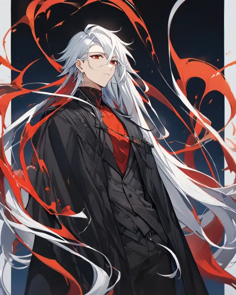 1 male, White hair, hair with black streaks, Red eyes, White shirt, black jacket, plano general, segurando um longo chicote negro.