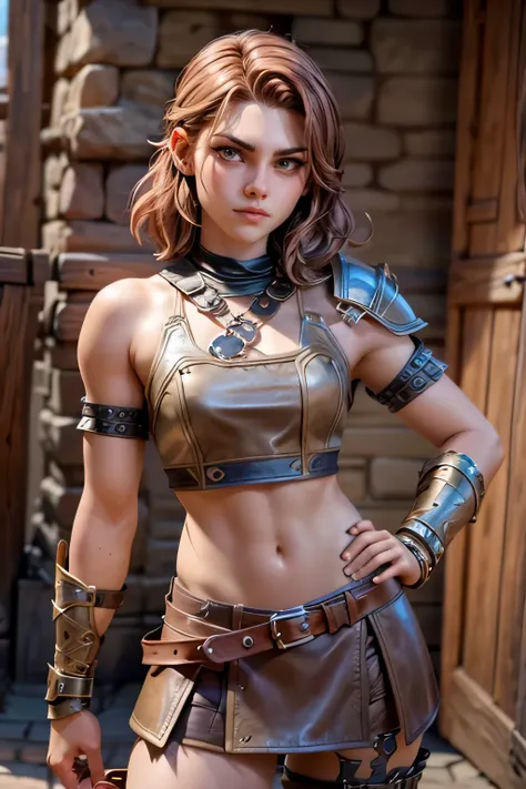  Young Viking woman , warrior, short brown hair, thick eyebrows, ojos marrones, leather armor,  strappy leather top , fur skirt, fierce expression, heroic stance,  looking at the camera ,  masterpiece , super detail,  lyrics,  Natural lighting,  sharp focu...
